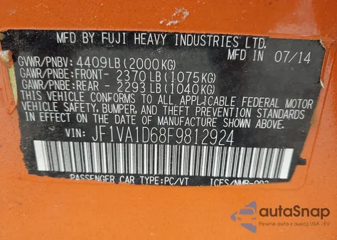 2015 Subaru Wrx Premium z USA, uszkodzony, nr VIN JF1VA1D68F9812924